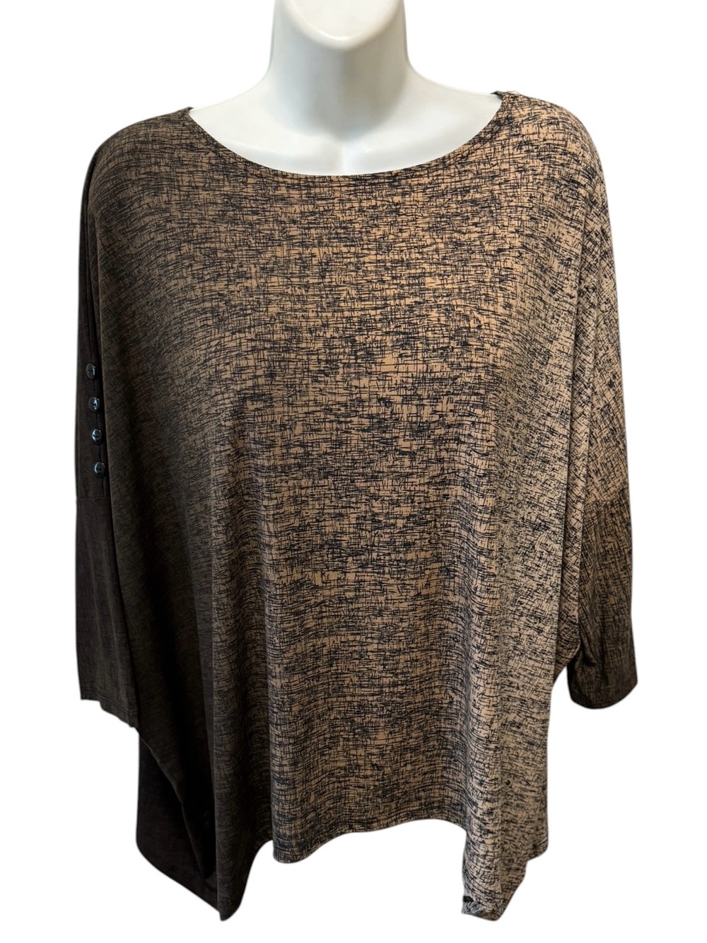 Clara Sun Woo Over~Sized Tunic Top Dolman 3/4 Sleeve Sz XL Brown Black Printed